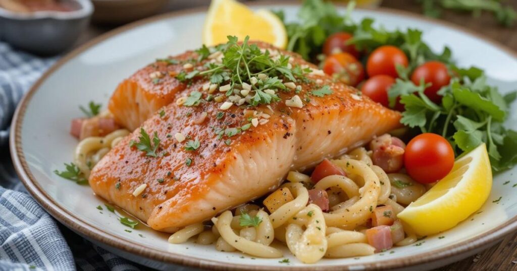 Grilled Mediterranean salmon topped with fresh herbs, olives, and cherry tomatoes served on a white plate.