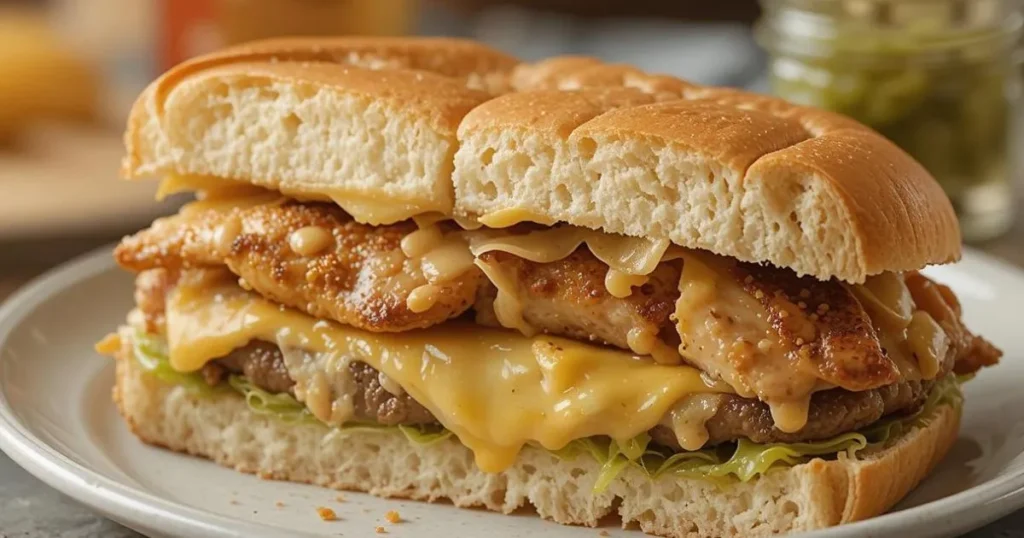 A perfectly grilled chicken steak and cheese sandwich with melted cheese oozing between layers of fresh bread.