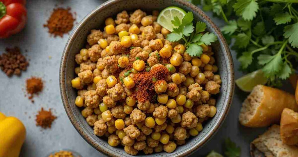A close-up of a bowl filled with ground chicken cooked with spices and corn.