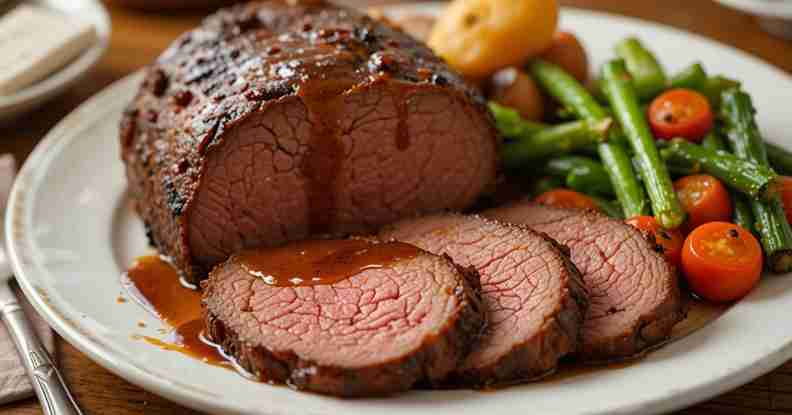plated roast beef with slices arranged neatly on a dinner plate.